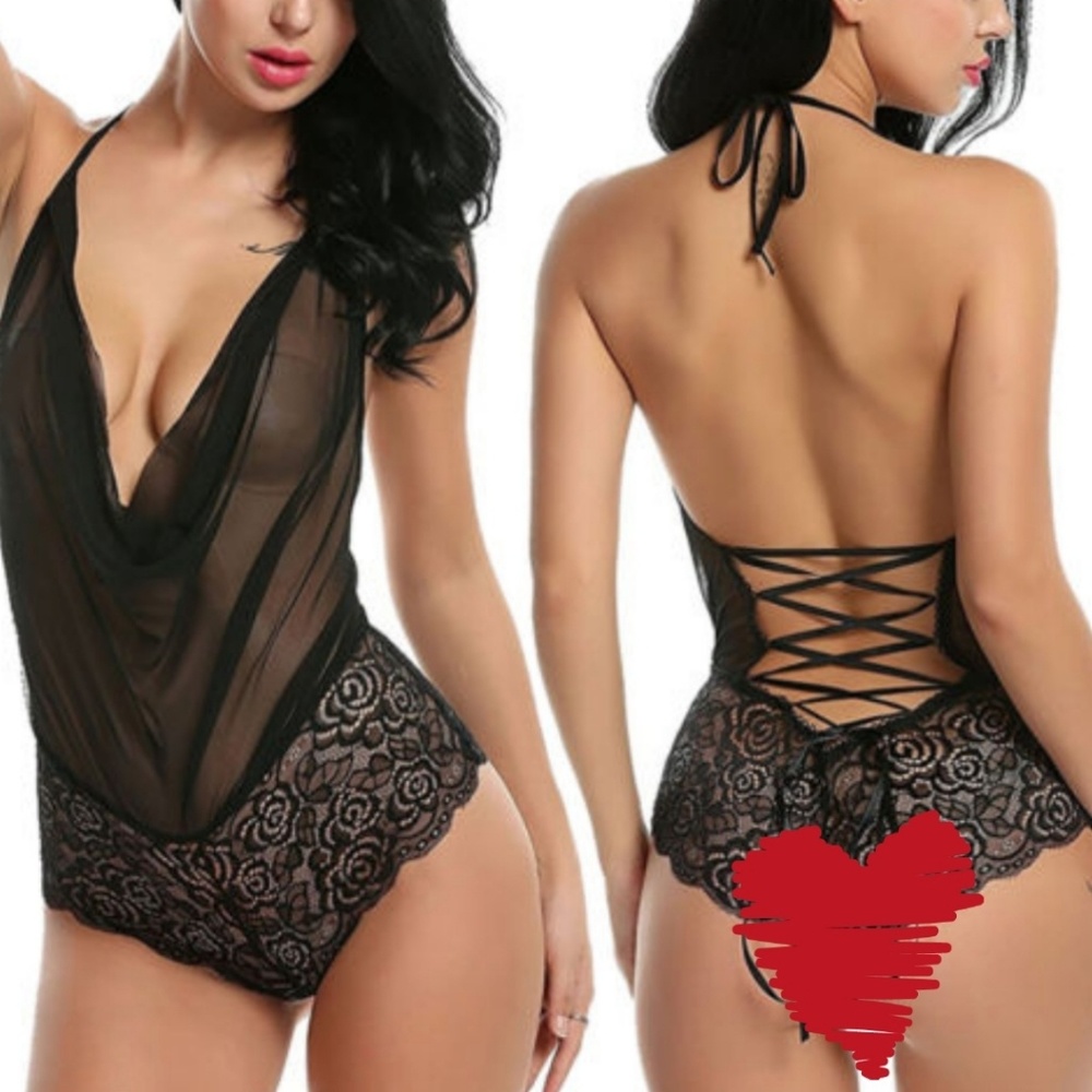 Black Sheer Mesh Lace Halter Lace Up Bodysuit - Picture 1 of 4
